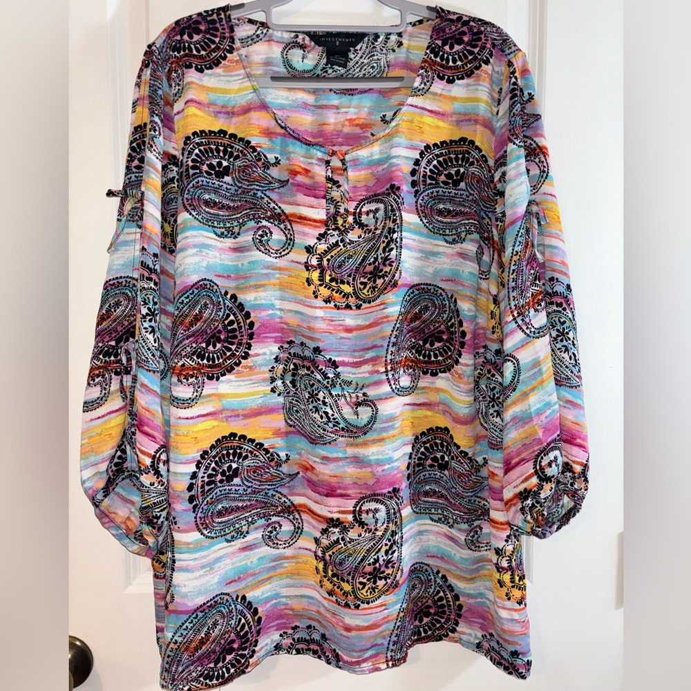 Investments 2X 3/4 sleeve split arm with ties, paisley design, plus size